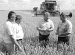 Директор Бершадської філії ПрАТ «Зернопродукт МХП» Сергій Рудченко (другий справа) з керівниками і спеціалістами на жнивному полі. Сергій РУДЧЕНКО: «Коровай буде вагомим»